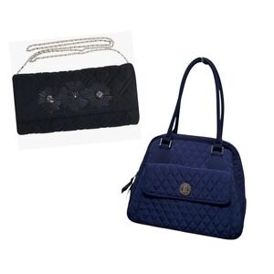 2 New Vera Bradley Quilted Navy Blue Shoulder Bag Tote & Black Quilted Wristlet